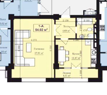 1 комнатная квартира на продажу: 1 комната, 54 м², Элитка, 12 этаж, ПСО (под самоотделку)