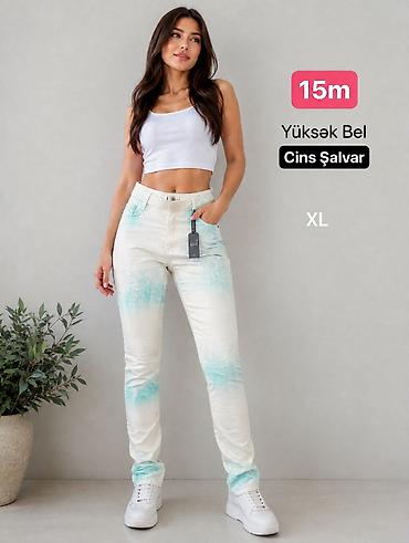 jins: Yüksək bel cins şalvar – XL ölçü - Rəng: açıq krem üzərində tünd — 1
