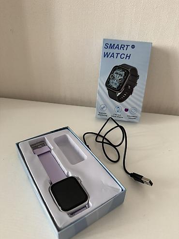 touch screen: Smart Watch – kvadrat ekranlı, bənövşəyi silikon qayışlı ağıllı saat — 1
