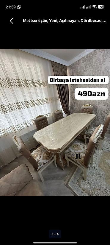 yeni stol: Mətbəx üçün, Yeni, Açılmayan, Dördbucaq masa, 6 stul — 1