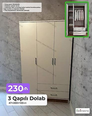 ştanglar: 3 qapılı geyim dolabı – 47×200×120 sm Xüsusiyyətlər: - Material: 18 — 1