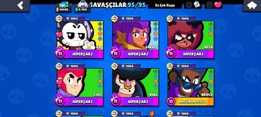Əskinaslar: Brawl Stars hesabı – 95/95 döyüşçü tam açıq və inkişaf etdirilmiş