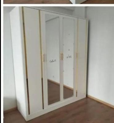 Ağ rəngli, klassik üslublu 4 qapılı paltar dolabı. Ön hissədə iki tam