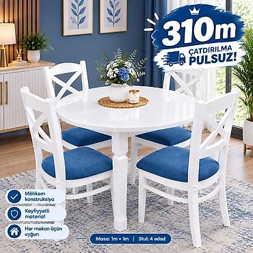 Ağ rəngdə yemək dəsti – masa və 4 stul. - Dəyirmi masa ölçüsü: 1 m ×