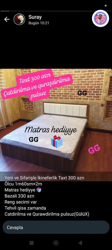 çarpayı qatlanan: Yeni, İkinəfərlik çarpayı, Bazasız, Matras ilə, Siyirməsiz