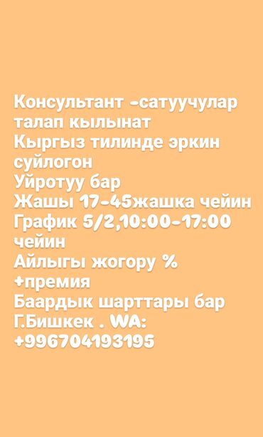 работа со знанием кыргызского языка: Требуется Продавец-консультант График: Пятидневка, Обучение, Полный рабочий день