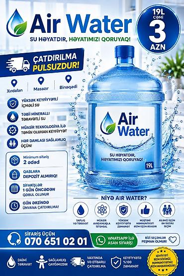 dəniz məhsulları satışı: Air Water – 19 litrlik içməli su (cəmi 3 AZN) - Yüksək keyfiyyətli — 1