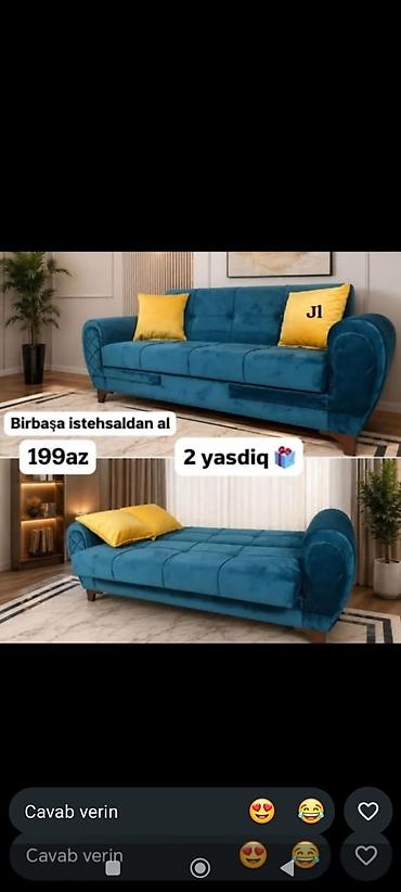 Диваны: Mavi rəngdə, yumşaq parçalı çevrilən divan. Rahat oturma zonası, kürək — 1