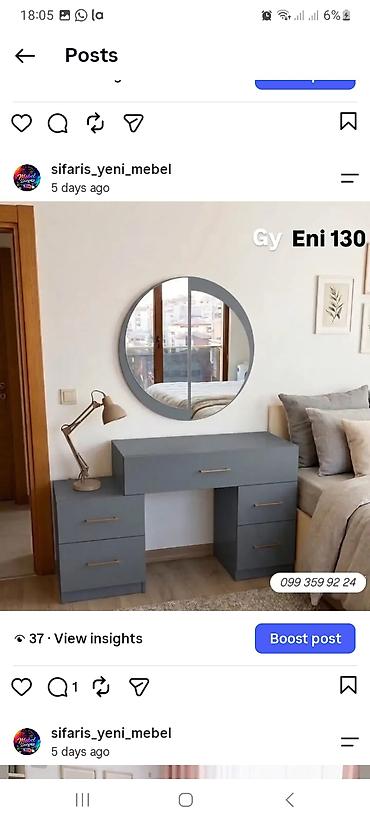 konsol masa: Boz rəngdə modern makiyaj/iş masa dəsti - Ölçü: eni 130 sm (şəkildə — 1