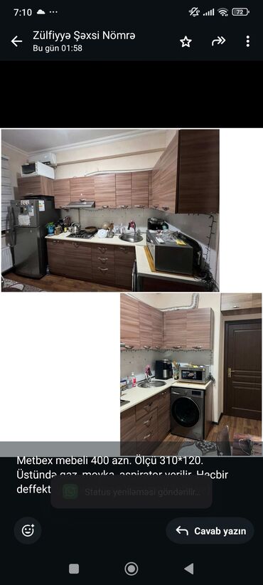 Metbex mebeli 400 azn. Ölçü 310*120. Üstündə qaz, moyka, aspirator