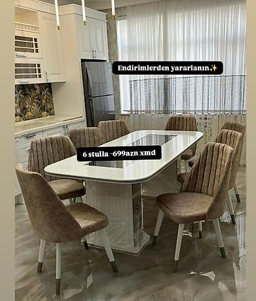 Masa və oturacaq dəstləri: Masa və 6 stul dəsti – Xmd • Komplekt: 1 yemək masası + 6 ədəd stul — 163