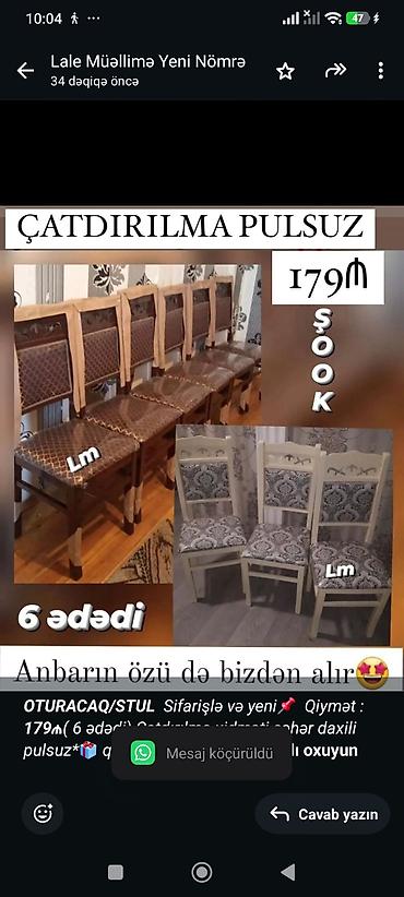 венский стул цена: _*OTURACAQ/STUL*_ _Sifarişlə və yeni📌 Qiymət : *179₼*( 6 ədədi) — 1
