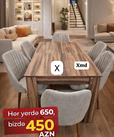 Açılan masa və 6 ədəd yumşaq oturacaqlı dəst. - Masa: taxta