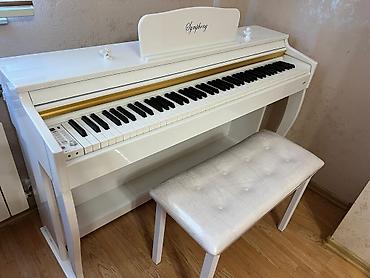 Клавишные инструменты: Rəqəmsal pianino – ağ korpus, qızılı dekor xətti ilə. Ön paneldə — 2