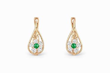 amber elixir: Серьги из красного золота 585 с изумрудом и цирконом Артикул: 30278 — 1