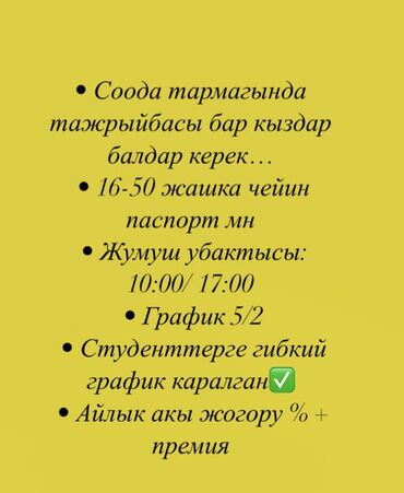 работа в бишкеке для девушек без опыта: Требуется Менеджер по продажам, График: Пятидневка, Неполный рабочий день, % от продаж