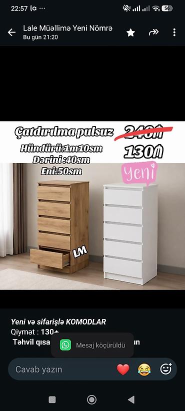komod: _*Yeni və sifarişlə KOMODLAR*_ Qiymət : *130₼* *Təhvil qısa — 1