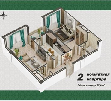 дома на иссык куле: 2 бөлмө, 67 кв. м, Элитка, 8 кабат, ПСО (өзү оңдоп түзөтүп бүтүү үчүн)