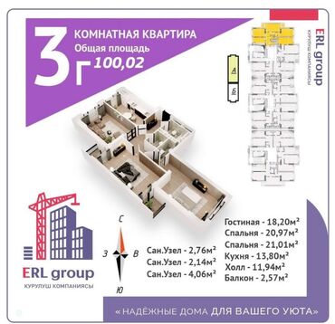 купля продажа квартир в бишкеке: 3 комнаты, 101 м², Элитка, 10 этаж, Свежий ремонт