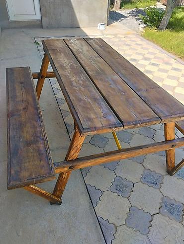 садовой стол: Б/у уличный деревянный стол + скамья. 
165 на 70 см — 1