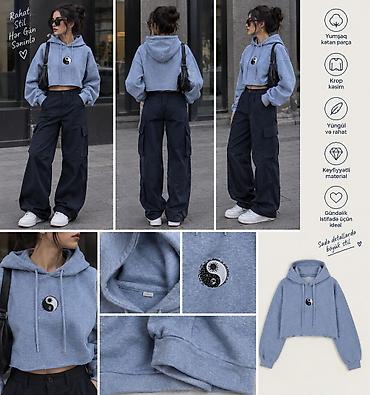KOTON Məhsul: Qadın kapüşonlu qısa svitşot (crop hoodie) - Rəng: Açıq