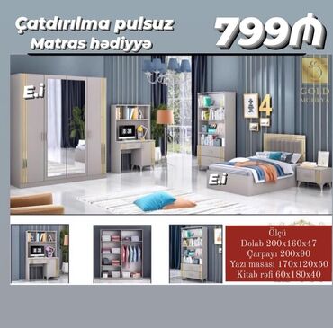 ucuz çarpayılar: Oğlan və qız üçün, Yeni, 2 təknəfərlik çarpayı, Yazı masası, Dolab, Termo