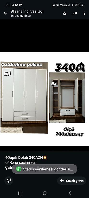 Sifarişlə ev mebeli: *4Qapılı Dolab 340AZN💥* ✔️Rəng seçimi var *Çatdırılma və — 1