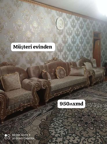işdenmiş divan: - Klassik dizaynlı qonaq otağı dəsti: zəngin oyma dekorlu 3 ədəd — 1