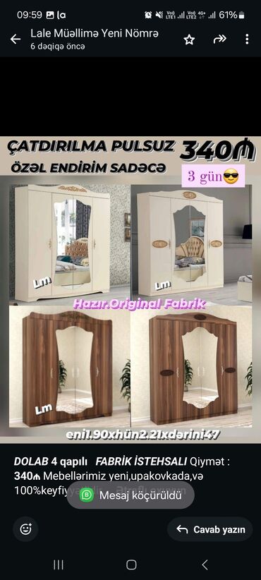 uşaq üçün dolab: *_dolab_* *4 qapılı* _*fabri̇k i̇stehsali*_ qiymət : *340₼*