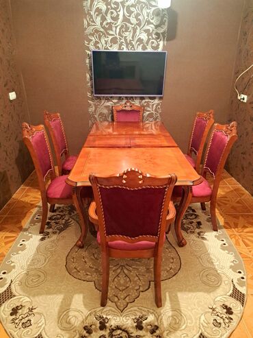 yazi stolu islenmis: Для гостиной, Б/у, Прямоугольный стол, 6 стульев