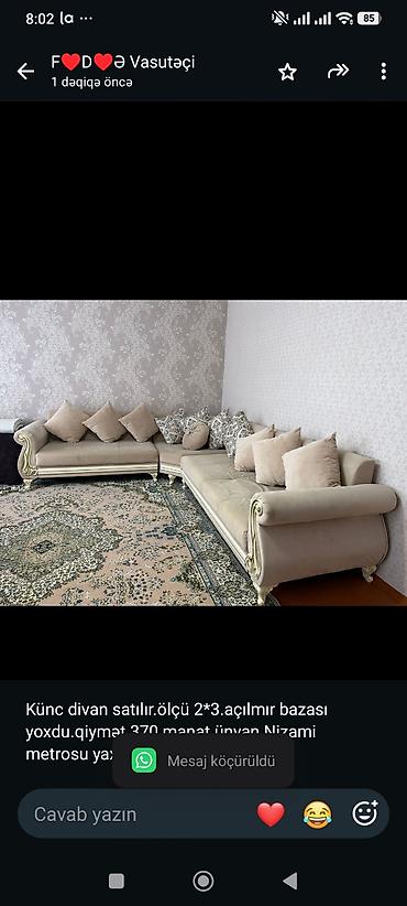 Ev üçün mebel: Künc divan satılır.ölçü 2*3.açılmır bazası yoxdu.qiymət 370 manat — 1