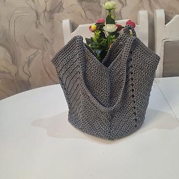 Çantalar: Boz rəngli, əl ilə toxunmuş çanta - Material: qalın ipliklə toxunma — 1
