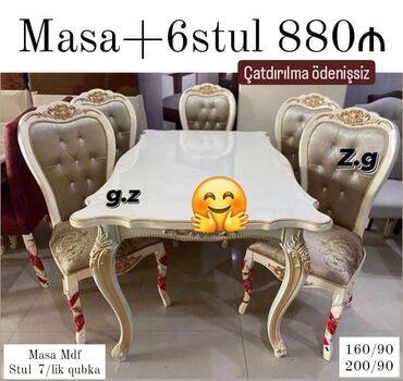 Masa və oturacaq dəstləri: Qonaq otağı üçün, Dördbucaq masa, 6 stul