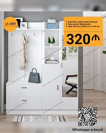 Masa və oturacaq dəstləri: Düz dolab, Dəhliz üçün, Paltar üçün, Açılan, Korpuslu, 1 qapı