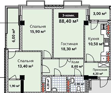 archa group: 3 комнаты, 88 м², Кок-Жар мкр Элитка, 10 этаж, ПСО (под самоотделку) — 3