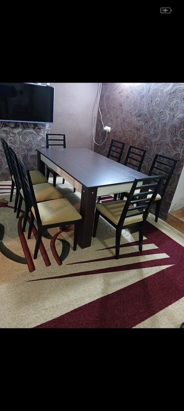 stol stul metbex ucun: Qonaq otağı üçün, İşlənmiş, Açılmayan, Dördbucaq masa, 8 stul
