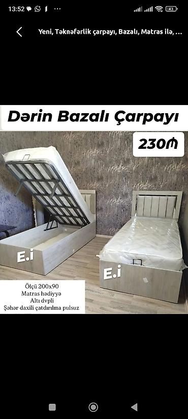 Çarpayılar: Dərin bazalı tək nəfərlik çarpayı - Ölçü: 200x90 sm - Dərin baza — 1