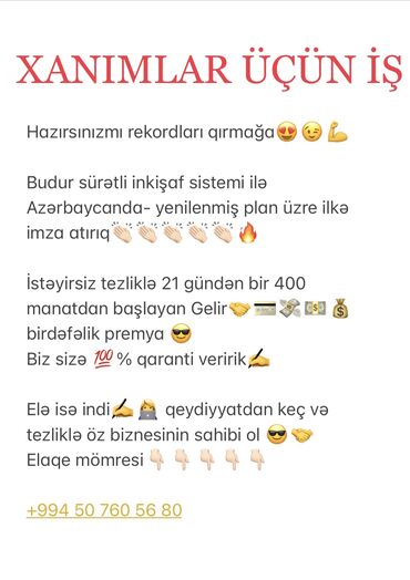iş vakansiyaları yeni in Azərbaycan | DIGƏR IXTISASLAR: Xanımlar üçün Vakansiya. Heç bir sermaye qoymadan, risksiz bir iş