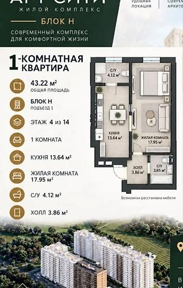 Продажа квартир: 1 комната, 44 м², Асанбай мкр Элитка, 5 этаж, ПСО (под самоотделку) — 2