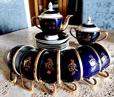 cay servizi: Çay dəsti, rəng - Göy, Farfor, 6 nəfərlik, SSRİ — 1