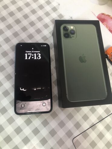 Apple iPhone: IPhone 11 Pro Max, Б/у, 256 ГБ, Alpine Green, Зарядное устройство, Защитное стекло, Чехол, 77 %