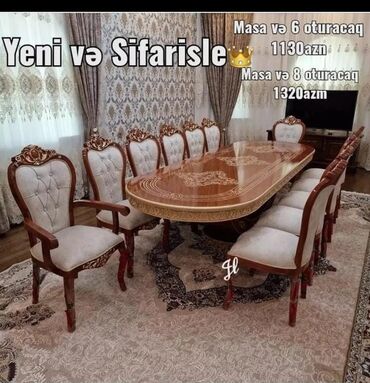 Masa və oturacaq dəstləri: Qonaq otağı üçün, Yeni, Açılmayan, Oval masa, 6 stul, Azərbaycan
