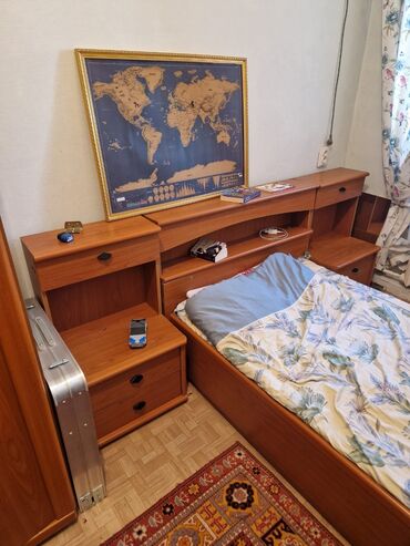спальный гарнитур деревянный: Спальный гарнитур, Односпальная кровать, Шкаф, Тумба, цвет - Оранжевый