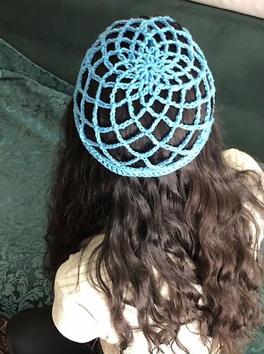 baş ortusu: Mavi rəngli, əl işi kroşe saç toru/kipa üslublu baş örtüsü - — 5