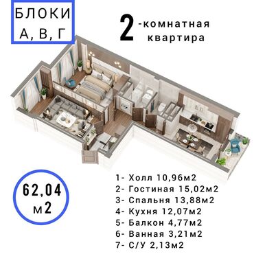 продаю квартиру в клубном доме: Курулуп бүткөн, Элитка, 2 бөлмө, 62 кв. м