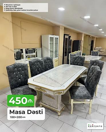 Masa dəsti – 100×200 sm • Mexanizm: açılmayan • Stul sayı: 6 ədəd •