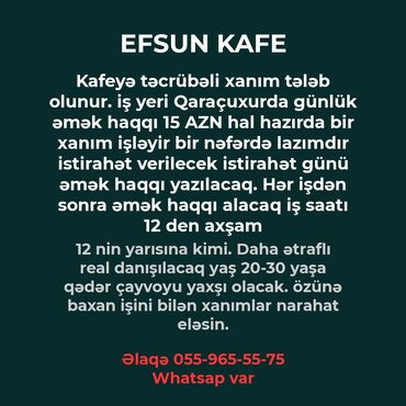 ofisiant qiz teleb olunur 2020: Ofisiant xanım tələb olunur