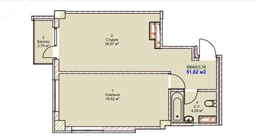 продажа квартир в бишкеке в рассрочку: 1 комната, 52 м², Элитка, 6 этаж, Евроремонт