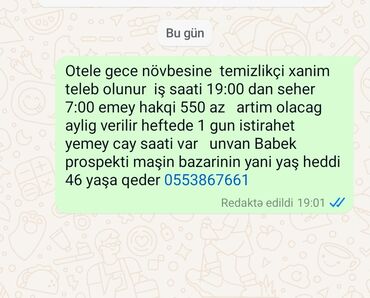 oteller bakida qiymeti: Xadimə tələb olunur, Aylıq ödəniş, 30-45 yaş, 1 ildən az təcrübə