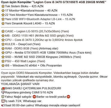 Masaüstü kompüterlər və iş stansiyaları: Oyun üçün Kompüter "Legion Core i5 3470 GTX1050Ti 4GB 256GB NVME” ⭐Tək — 2